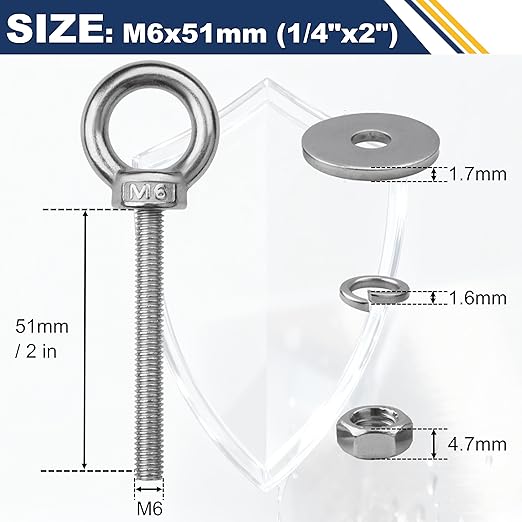 12 Pack M6 Stainless Steel Eye Bolts with Nuts, 1/4" x 2" Long Lifting Ring Eye Bolt， Eye Bolts Heavy Duty for Hang Tie Down Outdoor (12, M6x51mm (1/4"x2"))