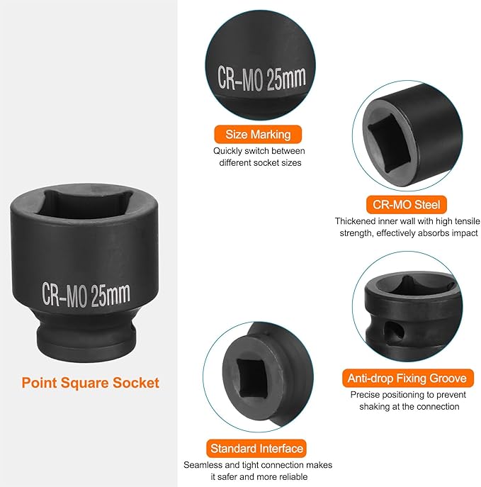 HARFINGTON 4 Point Square Socket 1/2" Drive 25mm Metric Square Impact Socket CR-MO Blackening Standard Wheel Sockets Pneumatic Socket Tool for Auto Repair Mechanical Maintenance Home Use