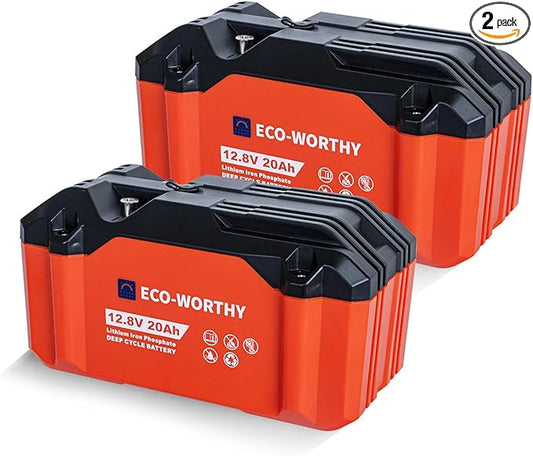 ECO-WORTHY 2 Pack Portable 12V 20AH LiFePO4 Battery, Lithium Deep Cycle Rechargeable Battery, Built-in BMS, 4000+ Cycles,Perfect for Outdoor Camping Fishing Marine Trolling Motor Fishfinder RV
