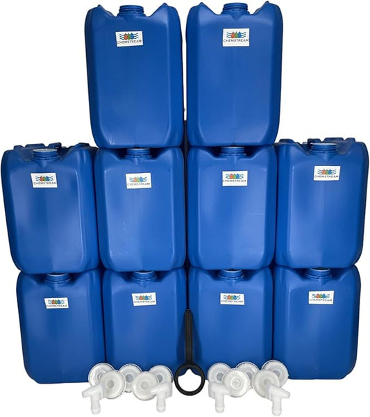 5 Gallon Stackable Emergency Water Storage Container | Beverage Dispenser | Carboy | Jerrican | 70MM Cap with 3/4" punchout for Spigot | 10 Pack | 4 Spigots | 1 Cap Wrench | 50 Gallon Capacity