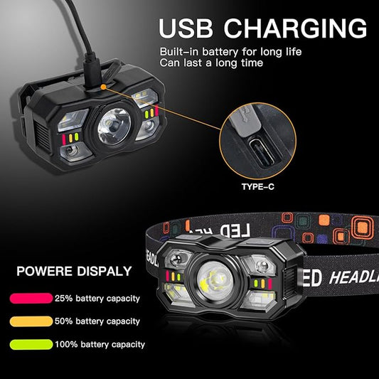 KunHe 20 Pack led Rechargeable Headlamp Flashlight Headlight Motion Sensor 10 Mode for Outdoor Camping Gear Hiking Fishing Running Cycling Headlight Emergency Lights for Home Christmas Gifts for Men