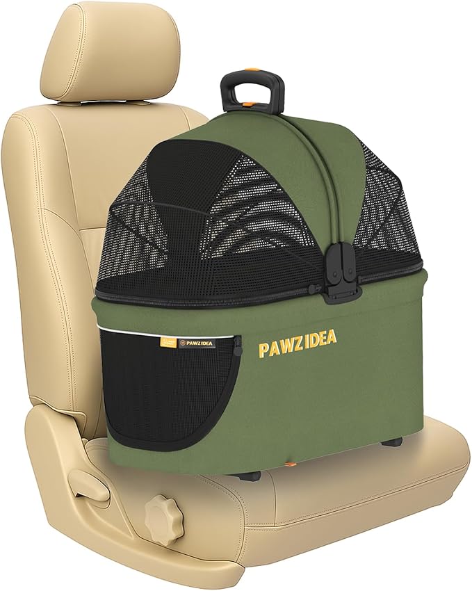 PAWZIDEA Portable Small Dog Crate for Car Travel, Enclosed Pet Car Seat for Small/Medium Dogs Cats up 33lb, Reversible No-Zip Canopy, Soft-Sided Pet Carrier Basket, Collapsible Dog Kennel, Metal Frame