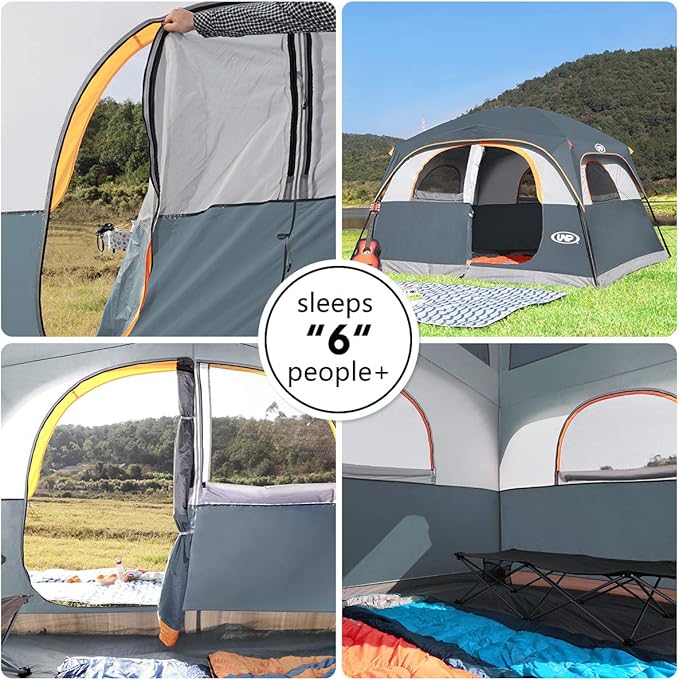 UNP Tents 6 Person Waterproof Windproof Easy Setup,Double Layer Family Camping Tent with 1 Mesh Door & 5 Large Mesh Windows -10'X9'X78in(H)