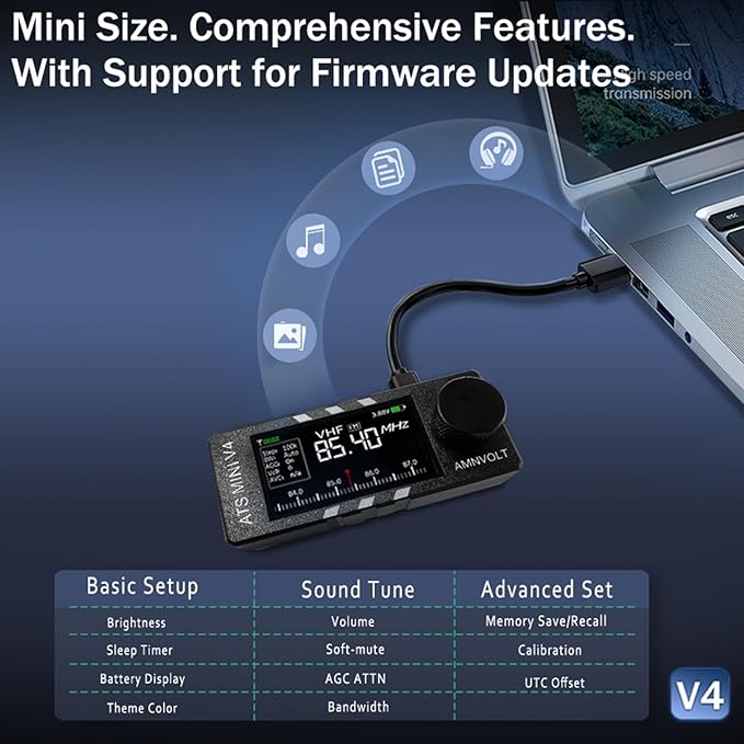 AMNVOLT V4 ATS MINI DSP Radio, ESP32-S3 & SI4732 Chip, Multi-Band AM/FM/LSB/USB Receiver, 1.9'' IPS Color Screen, with Headphone Amplifier & Hi-Z Circuit, Portable for Travel and Radio Enthusiasts
