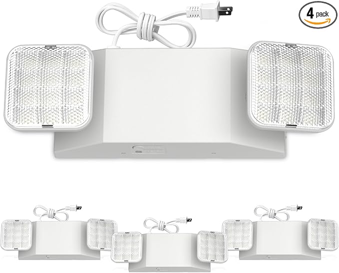 FREELICHT 4 Pack Emergency Lights with Battery Backup, AC 120V, Two Head Adjustable, LED Emergency Square Lighting Fixture for Business Commercial Use with 4FT Plug in Cord, UL Listed
