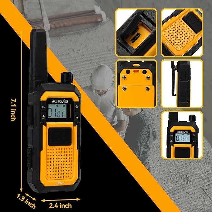 Retevis RB48 2 Way Radio Long Range, IP67 Waterproof Walkie Talkies Adults, Drop-Proof, 2000mAh, Emergency, Heavy Duty Two Way Radios, for Job Site Construction Warehouse(6 Pack)