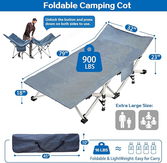Extra Wide XXL Camping Cot with Comfortable Mattress Cots for Sleeping Folding Cot Camping Bed 79" L x 32" W x 18" H Heavy Duty with Carry Bag Outdoor Indoor