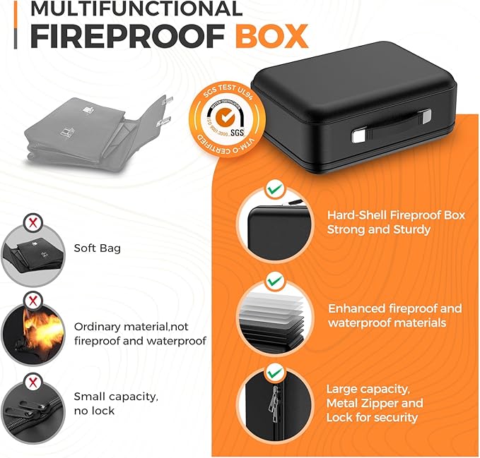 Fireproof Document Box with Combination Lock - Fire & Water Resistant Hard Case Safe Box for Important Documents, Certificates, Laptops, Passports (Black)