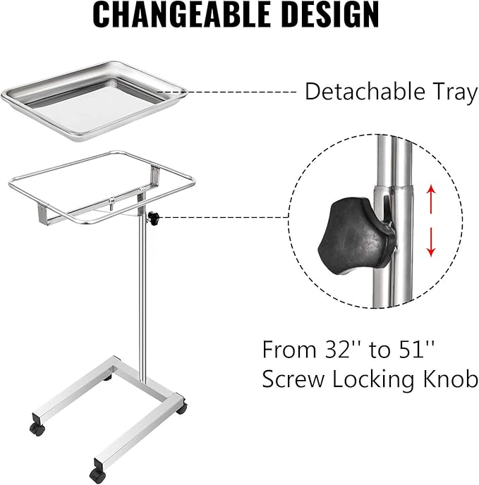 VEVOR Lab Cart, Stainless Steel Mayo Tray Stand 18 x 14 in Trolley Mayo Stand, Adjustable Height 32-51 in Instrument Tray with Removable Tray & 4 Omnidirectional Wheels, Ideal for Home Equipment