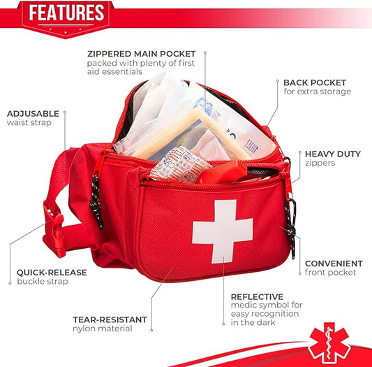 NOVAMEDIC First Aid Fanny Pack Stocked with 75 Piece Emergency Essentials, 8"x2"x6", Waist Bag w/ 3 Zippered Compartments & Adjustable Strap for Lifeguard, Hiking, Travel Men & Women, Durable, Red