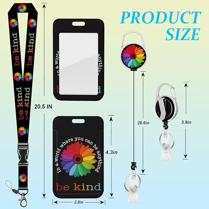 ID Badge Holder with Lanyard Be Kind Retractable Badge Reel Clip Lanyard Name Card Vertical ID Protector, ID Card Holder Keychain Name Badge Clip for Women Men