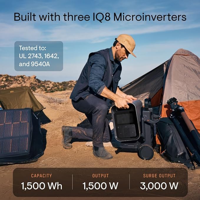 Enphase IQ PowerPack 1500 with 200 W IQ Portable Panel, 1500 W LFP Battery, 75-Min Fast AC Recharge, UL-Certified Solar Generator for Home Backup, Camping, Power Outage Essentials