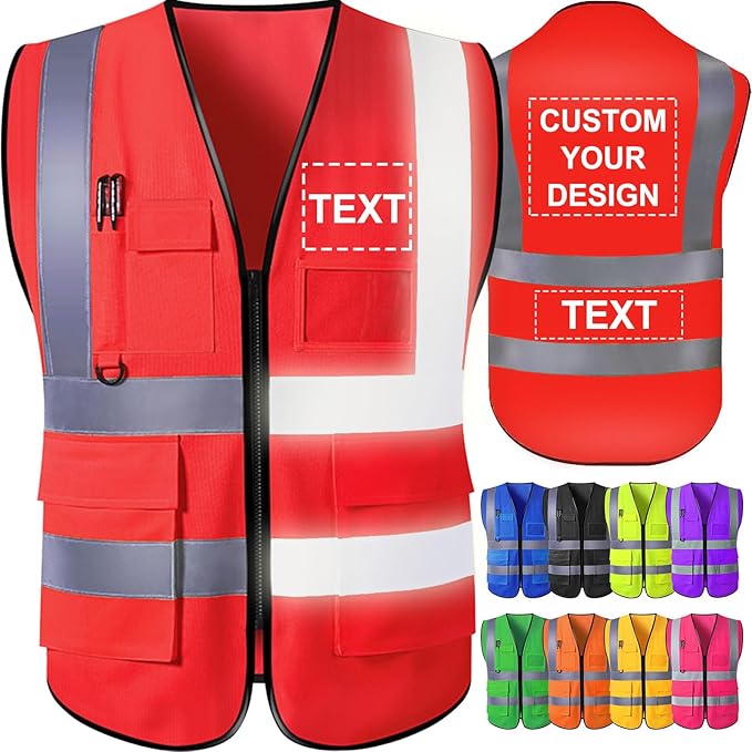 Custom Safety Vest for Men with Logo Pockets High Visibility Reflective Vests Construction Security Workwear