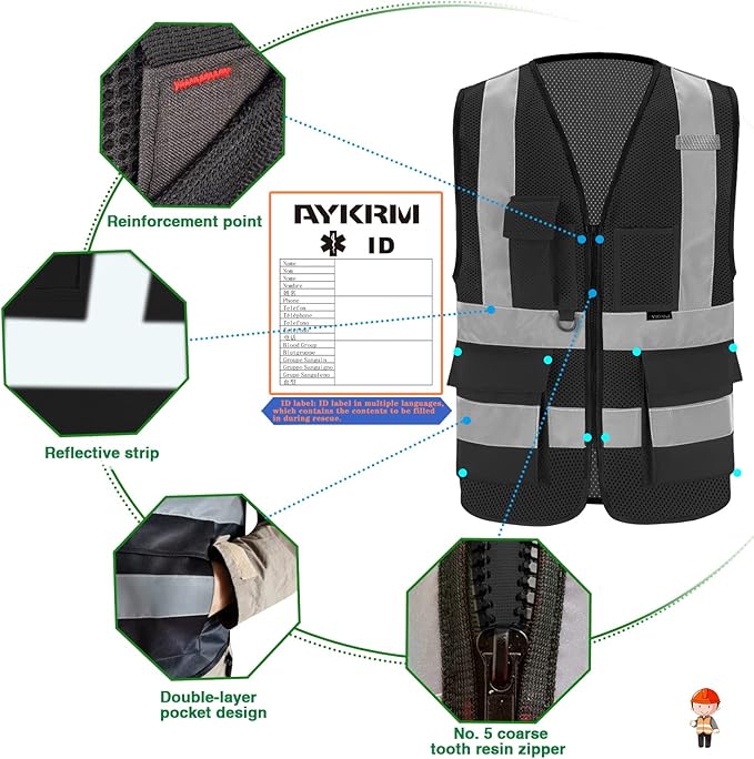 A-SAFETY XSmall Black safety vest xs (Black Mesh XS)