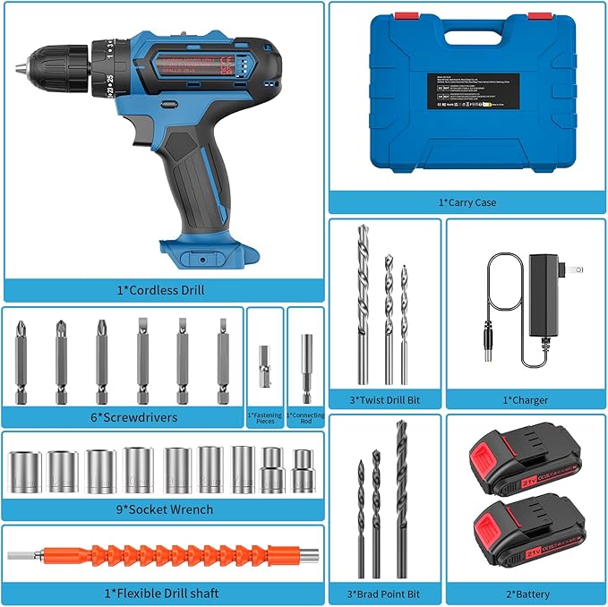 Cordless Drill Set, 21V Power Drill with 2 Batteries and Charger, 25+3 Torque Setting Electric Drill with 26 Acessories, Built-in 3/8'' Keyless Chuck, LED Light, Max 398 in/lb Electric Screwdriver