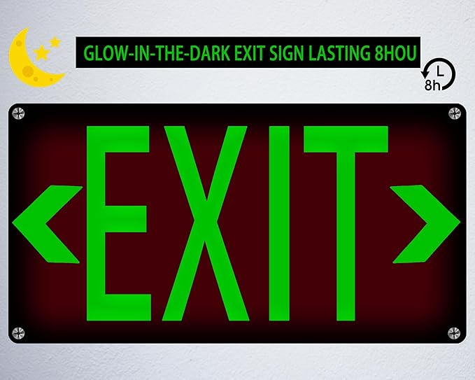 (3 Pack) Photoluminescent Exit Sign Red - with Removable Directional Arrows, With strong self adhesive tape, 14.25 x 7.5 Inches Heavy Duty Aluminum Signs, Fade Resistant