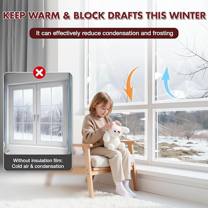 Window Insulation Kit – 63" x 394" Rolled Shrink Film with Double-Sided Tape for Up to 10 3' x 5' Windows, Window Plastic for Winterizing, Easy to Install & Energy Saving