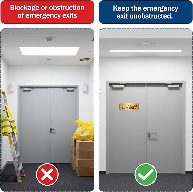 2PCS Emergency Exit Only Signs Sticker，Self Adhesive Water & Fade Resistant Black Gold Exit Only in Emergency Sign for Business, Schools, Offices, Storage Rooms, Hospitals