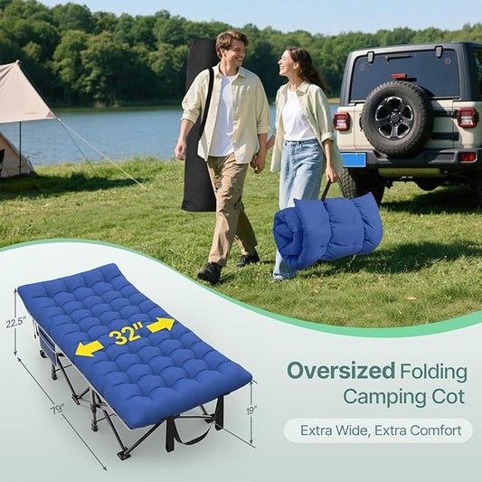 Suteck 32In XXL Folding Camping Cot, 900LBS Heavy Duty Sleeping Cot with Pillow Mattress, 1200D Double-Layer Oxford Portable Cot for Adults with Carry Bag for Home Office Nap Beach Travel