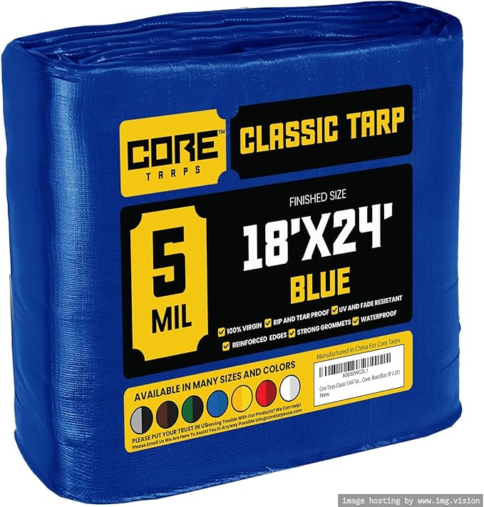 Core Tarps Classic 5 Mil Tarp Cover, Waterproof, UV Resistant, Rip and Tear Proof, Poly Tarpaulin with Reinforced Edges for Roof, Camping, Patio, Pool Cover, Boat (Blue 18′ X 24′)