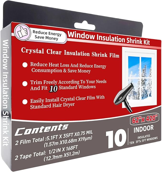 10-Window Shrink Film Window Insulation kit（62-Inch x 420-Inch），Insulating Film Window Kit Keeps Cold Air Out and Warm Air in (10 Windows)