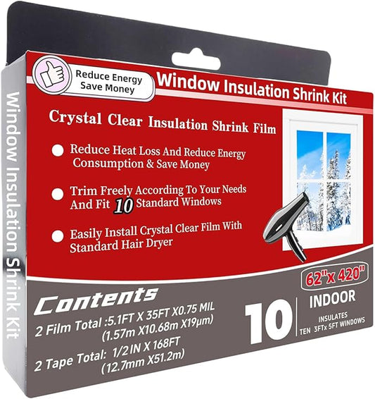 10-Window Shrink Film Window Insulation kit（62-Inch x 420-Inch），Insulating Film Window Kit Keeps Cold Air Out and Warm Air in (10 Windows)