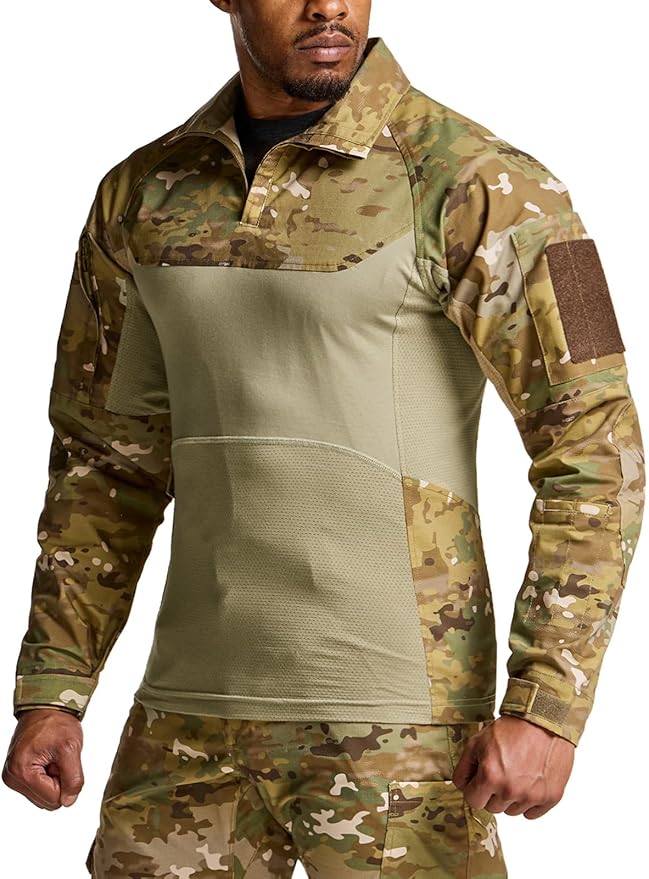 CQR Men's Combat Shirt Tactical 1/4 Zip Long Sleeve Military BDU Shirts Camo EDC Top with Pockets