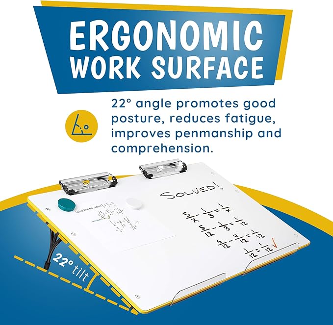 Slant Board for Writing – Adjustable Magnetic Whiteboard & 22° Angle Ergonomic Desk for Reading, Writing, Drawing and Studying – Portable Tabletop Stand for Students & Teachers - Yellow