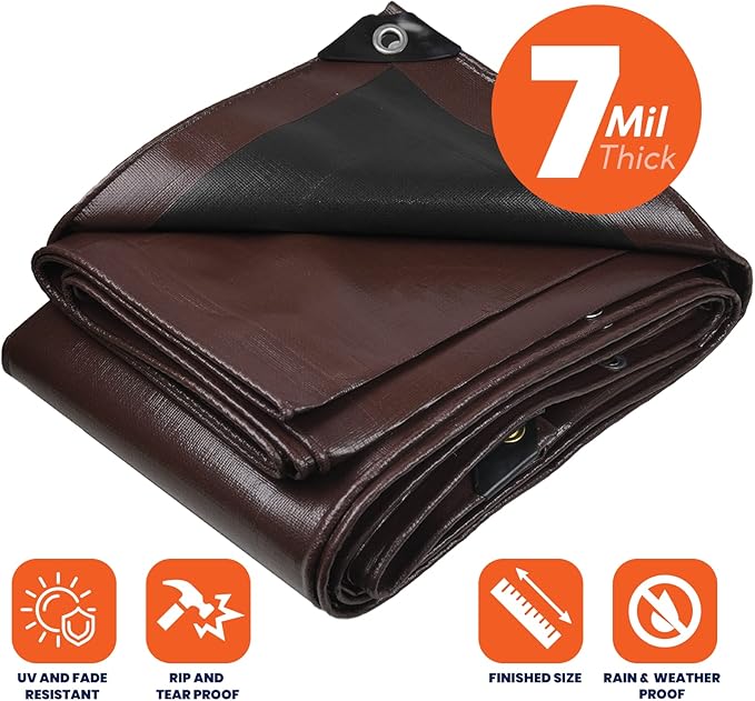 Tarpco Safety Heavy Duty 7 Mil Tarp Cover, Waterproof, UV Resistant, Rip and Tear Proof, Poly Tarpaulin with Reinforced Edges for Roof, Camping, Patio, Pool Cover, Boat (Brown/Black 24′ X 64′)