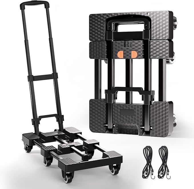 Folding Hand Truck 500lbs, Portable Heavy Duty Dolly Cart, 6 Wheels Collapsible Luggage Cart with 2 Elastic Ropes - Compact Trolley Cart for Easy Moving - Ideal Hand Cart for Travel and More