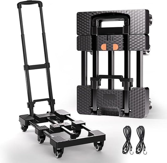 Folding Hand Truck 500lbs, Portable Heavy Duty Dolly Cart, 6 Wheels Collapsible Luggage Cart with 2 Elastic Ropes - Compact Trolley Cart for Easy Moving - Ideal Hand Cart for Travel and More