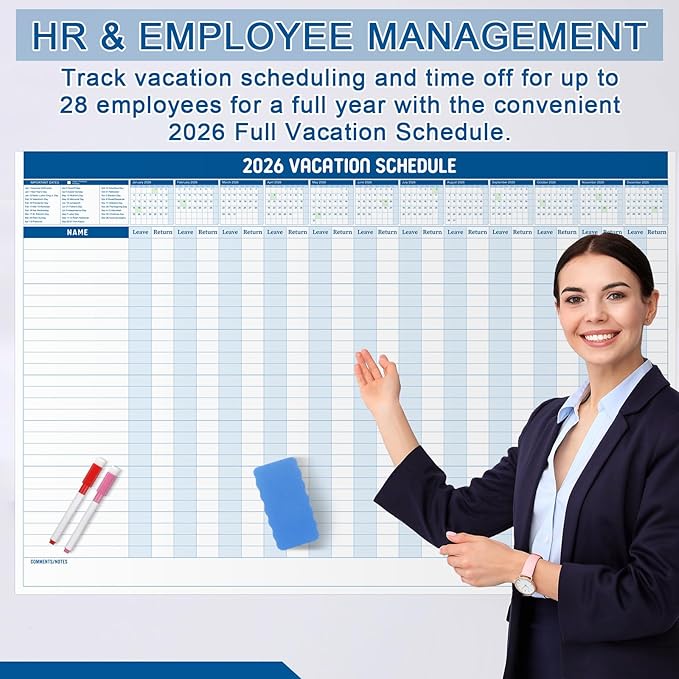 Lincia Large Magnetic 2026 Full Vacation Schedule 24" x 36" Reusable Yearly Office Whiteboard Wall Vacation Planner