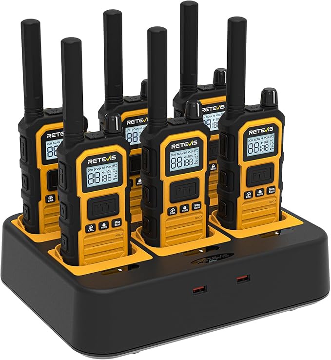 Retevis RB48 Plus Walkie Talkies Long Range, Heavy Duty Rechargeable GMRS Two Way Radios, IP67 Waterproof, Shock Resistant, Group Call, VOX(6 Pack with Gang Charger)