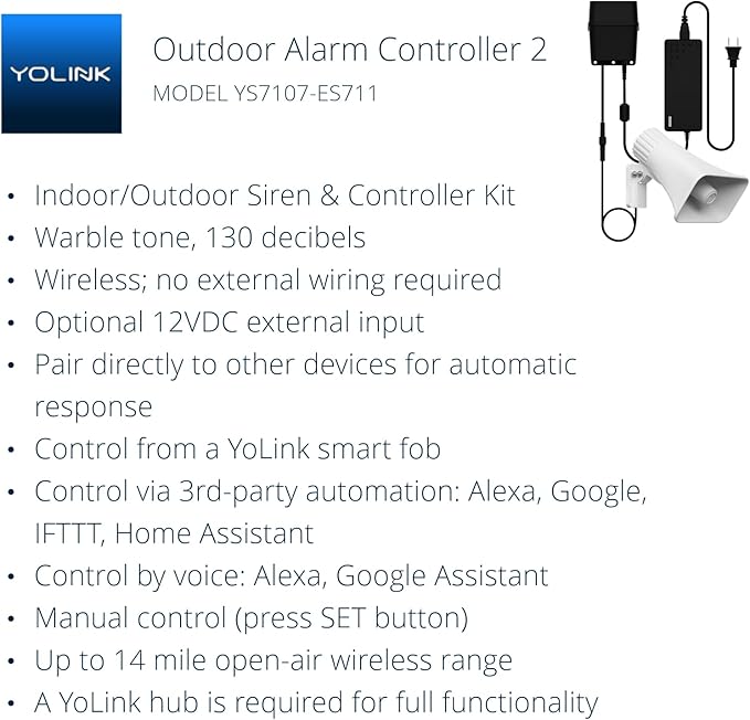Outdoor Alarm Controller 2, Siren/Alarm/Relay Controller, 12VDC Out, 12VDC in, 130dB Siren with 12VDC on, 110dB Siren with Battery only, YoLink Hub Required for Full-Functionality!