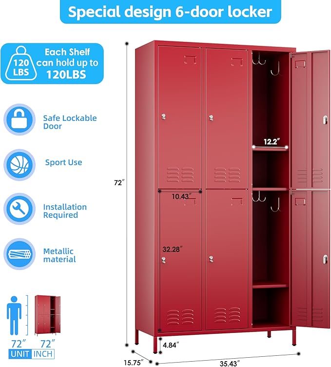 Metal Lockers for Employees with 6 Doors and 18 Hooks, 72”H Storage Locker with Card Slot for Office Gym School Bedroom, Red, Assembly Required