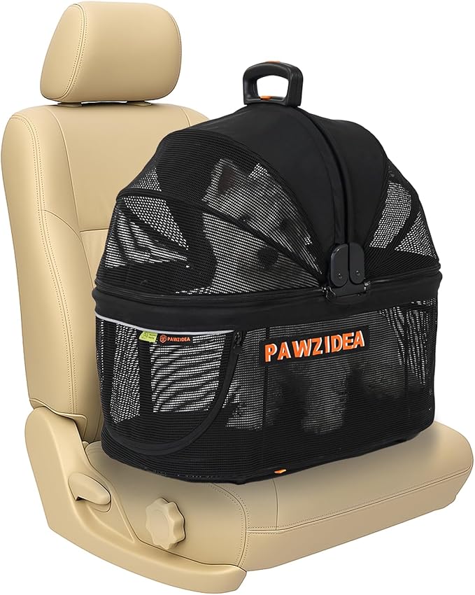 PAWZIDEA Portable Small Dog Crate for Car Travel, Enclosed Pet Car Seat for Small/Medium Dogs Cats up 33lb, Reversible No-Zip Canopy, Soft-Sided Pet Carrier Basket, Collapsible Dog Kennel, Metal Frame