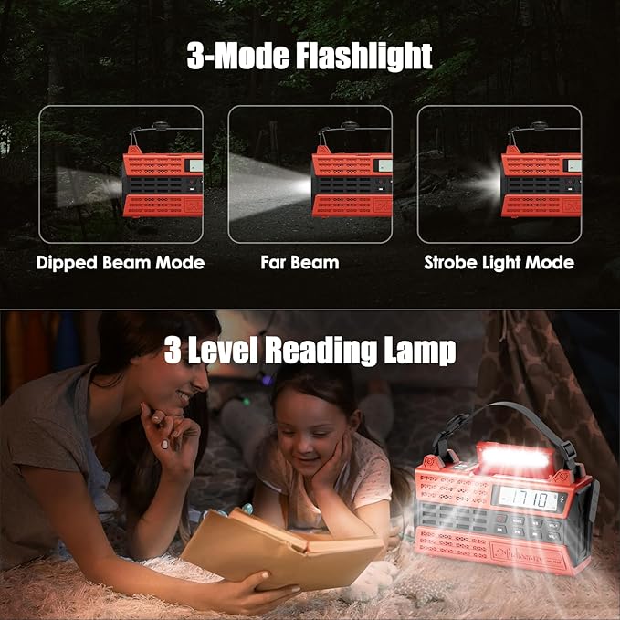 Emergency Crank Radio, 5000mAh/18500mWh Solar Hand Crank Radio, AM/FM/NOAA Weather Radio with Bluetooth,Type C Charger, 3 Mode Flashlight,Reading Lamp for Emergency& Camping Red