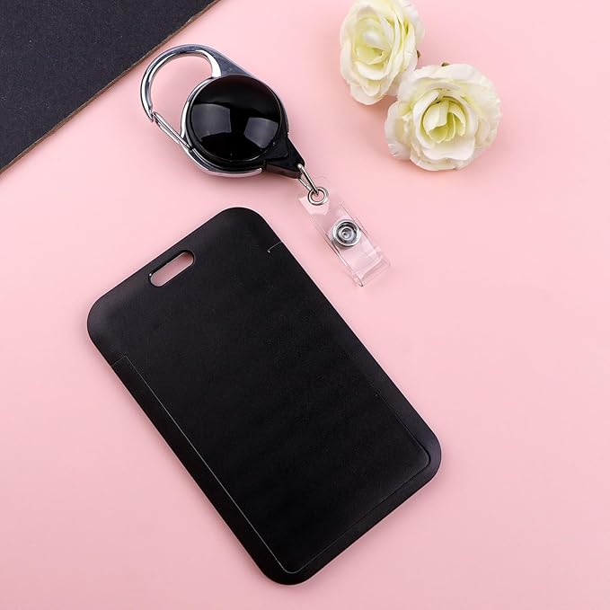 Black Retractable Badge Holder with Carabiner Clip, Durable ID Card Holder Reel for Work, School, Events, Office, Hospital, Simple Card Sleeve for Men, Teacher, Women