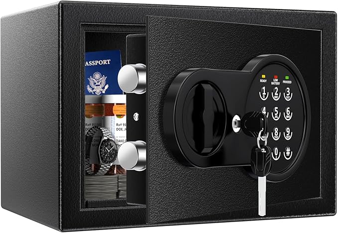 0.5 Cu ft Small Safe Box with Fireproof Waterproof Bag, Home Safe with Keys & Pass Code & Wall Mount Kits, Money Safe with Smart Alert System for Money, Jewelry, and Documents, 12.1''W×7.8''D×7.8''H