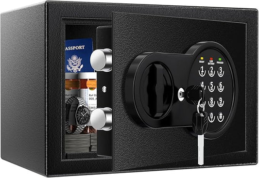 0.5 Cu ft Small Safe Box with Fireproof Waterproof Bag, Home Safe with Keys & Pass Code & Wall Mount Kits, Money Safe with Smart Alert System for Money, Jewelry, and Documents, 12.1''W×7.8''D×7.8''H