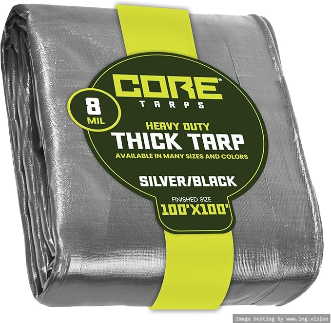 Core Tarps Heavy Duty 8 Mil Tarp Cover, Waterproof, UV Resistant, Rip and Tear Proof, Poly Tarpaulin with Reinforced Edges for Roof, Camping, Patio, Pool, Boat. (Silver/Black 100′ X 100′)
