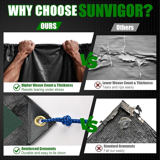 Sunvigor Tarp Waterproof 10x12Ft, Extra Thick 16 Mil Heavy Duty Tarp Cover, Tear & Fade Resistant, Outdoor Tarps with Brass Grommets and Reinforced Edges for Roof, Camping, Patio, Boat (Black/Green)