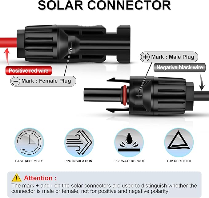 iGreely 50 Feet 10AWG Solar Extension Cable with Female and Male Connector Solar Panel Adapter (50FT Red + 50FT Black)