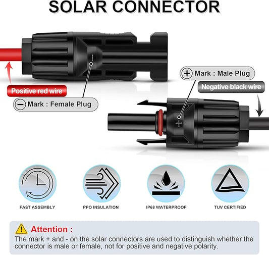 iGreely 50 Feet 10AWG Solar Extension Cable with Female and Male Connector Solar Panel Adapter (50FT Red + 50FT Black)