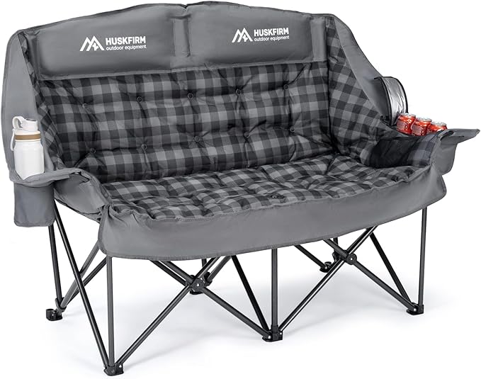 Padded Double Camping Chairs High Back Double Camp Chair Oversized Loveseat Camping Chair Support 800LBS Heavy Duty Camping Couch with Cup Holders, Cooler, Carry Bag, Grey