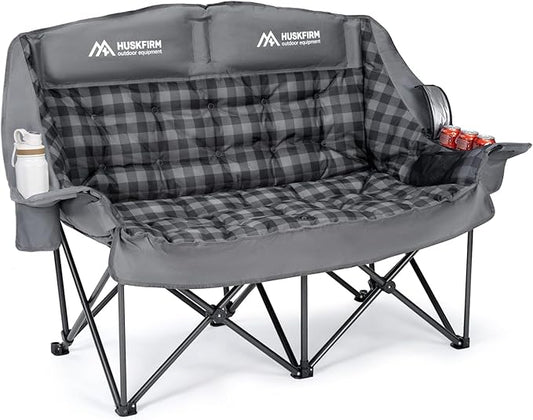 Padded Double Camping Chairs High Back Double Camp Chair Oversized Loveseat Camping Chair Support 800LBS Heavy Duty Camping Couch with Cup Holders, Cooler, Carry Bag, Grey