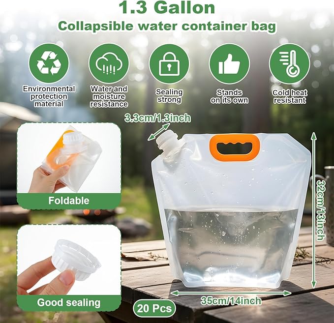 20Pcs 1.3Gallon Collapsibles Water Container Bag Bulk, Emergency Container Carrier Water Bottles, Freezable Waters Storage Jug, BPA Free Food Grade Clear Plastic for Outdoor Camping Riding
