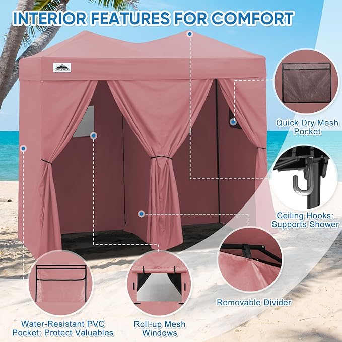 EAGLE PEAK Outdoor Changing Room 8x4, 2 Room Pop Up Portable Changing Room, Sun Shelter, Pop Up Changing Tent for Beach or Pool,Portable Dressing Room for Photoshoots (Pink)