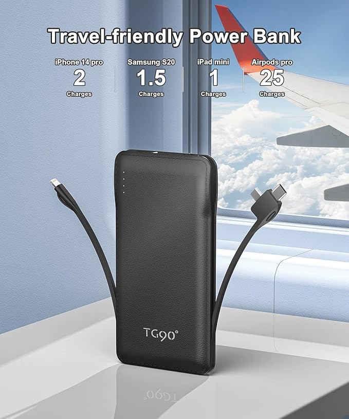 TG90° 2 Pack 10000mAh Slim Portable Charger with Built in Cables,Power Bank Travel Charger Cell Phone External Battery Pack,4 Output External Battery Pack Compatible with iPhone Android Phone