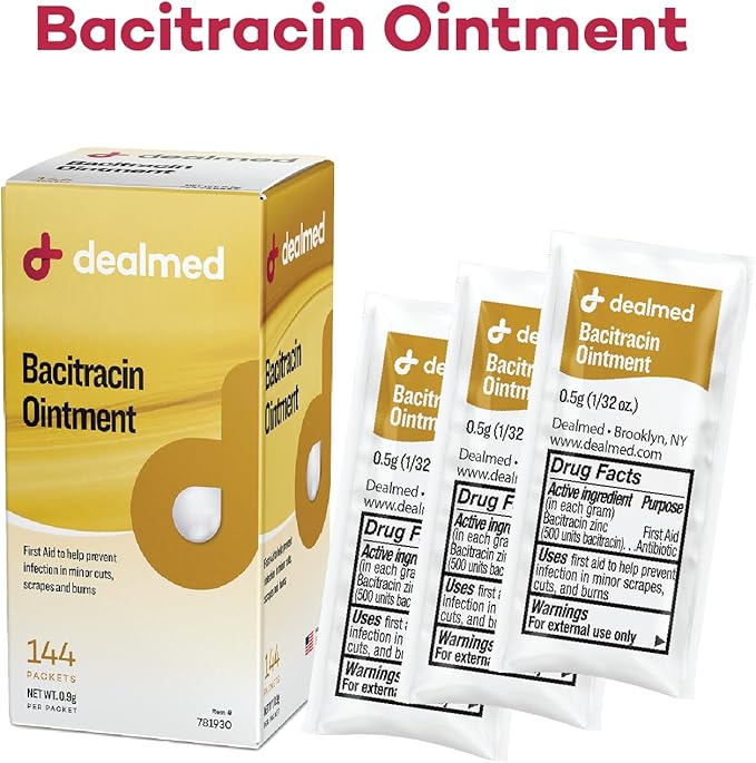 Dealmed Bacitracin Ointment – First Aid Antibiotic Pain Relieving Ointment for Minor Cuts, Scrapes, and Burns, 144 Packets/Box (.5g) - Case of 12